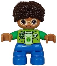 LEGO part Duplo Figure Lego Ville, Child Boy, Blue Legs, Lime Vest, Yellowish Green Shirt, Bright Light Yellow Glasses, Dark Brown Hair (6446049) 47205pb104