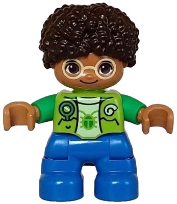 LEGO onderdeel Duplo Figure Lego Ville, Child Boy, Blue Legs, Lime Vest, Yellowish Green Shirt, Bright Light Yellow Glasses, Dark Brown Hair (6446049) (47205pb104)