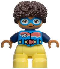 LEGO onderdeel Duplo Figure Lego Ville, Child Boy, Bright Light Yellow Legs, Dark Azure Vest and Goggles, Dark Blue Arms, Dark Brown Hair (6449847) 47205pb106