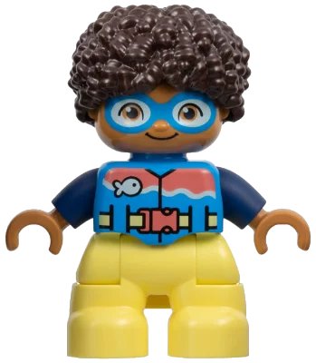 LEGO onderdeel Duplo Figure Lego Ville, Child Boy, Bright Light Yellow Legs, Dark Azure Vest and Goggles, Dark Blue Arms, Dark Brown Hair (6449847) (47205pb106)