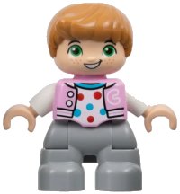LEGO part Duplo Figure Lego Ville, Child Boy, Light Bluish Gray Legs, Bright Pink Jacket with Capital Letter C, Polka Dot Shirt, Medium Nougat Hair (6446171) 47205pb109