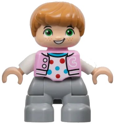 LEGO onderdeel Duplo Figure Lego Ville, Child Boy, Light Bluish Gray Legs, Bright Pink Jacket with Capital Letter C, Polka Dot Shirt, Medium Nougat Hair (6446171) (47205pb109)