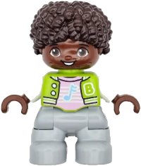 LEGO part Duplo Figure Lego Ville, Child Boy, Light Bluish Gray Legs, Lime Jacket with White Sleeves, Bright Pink Shirt, Dark Brown Hair (6469554) 47205pb111