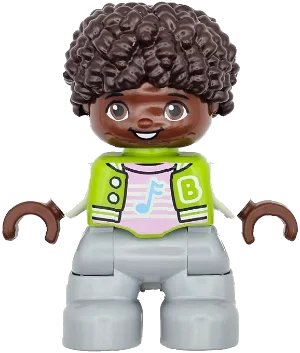 LEGO onderdeel Duplo Figure Lego Ville, Child Boy, Light Bluish Gray Legs, Lime Jacket with White Sleeves, Bright Pink Shirt, Dark Brown Hair (6469554) (47205pb111)