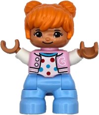 LEGO part Duplo Figure Lego Ville, Child Girl, Bright Light Blue Legs, Bright Pink Jacket with Capital Letter C, Polka Dot Shirt, Orange Hair (6469539) 47205pb112