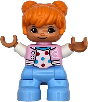 LEGO onderdeel Duplo Figure Lego Ville, Child Girl, Bright Light Blue Legs, Bright Pink Jacket with Capital Letter C, Polka Dot Shirt, Orange Hair (6469539) (47205pb112)