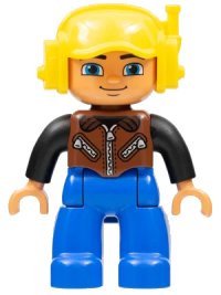 LEGO onderdeel Duplo Figure Lego Ville, Male, Blue Legs, Brown Vest with Zipper and Zippered Pockets, Yellow Cap with Headset 47394pb157
