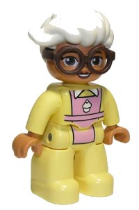 LEGO onderdeel Duplo Figure Lego Ville, Female, Bright Light Yellow Suit with Bright Pink Apron, Dark Brown Glasses, White Hair 47394pb283