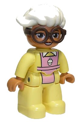 LEGO onderdeel Duplo Figure Lego Ville, Female, Bright Light Yellow Suit with Bright Pink Apron, Dark Brown Glasses, White Hair (47394pb283)