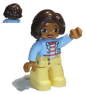 LEGO onderdeel Duplo Figure Lego Ville, Female, Bright Light Yellow Legs, Bright Light Blue Top with Coral and White Stripes Shirt, Dark Brown Hair (6294848) (47394pb284)