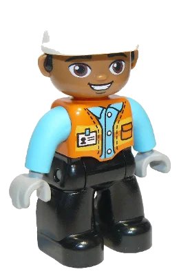 LEGO onderdeel Duplo Figure Lego Ville, Male, Black Legs, Orange Vest with Badge and Pocket, Medium Azure Arms, Light Bluish Gray Hands, White Construction Helmet (6308180) (47394pb289)