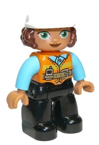 LEGO onderdeel Duplo Figure Lego Ville, Female, Black Legs, Orange Vest with Belt and Telephone, Medium Azure Arms, Light Bluish Gray Hands, White Construction Helmet (6308514) 47394pb291