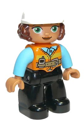 LEGO onderdeel Duplo Figure Lego Ville, Female, Black Legs, Orange Vest with Belt and Telephone, Medium Azure Arms, Light Bluish Gray Hands, White Construction Helmet (6308514) (47394pb291)