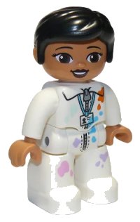 LEGO onderdeel Duplo Figure Lego Ville, Female, White Suit with Zipper, ID Badge, and Paint Splotches, Black Knot Bun Hair 47394pb292
