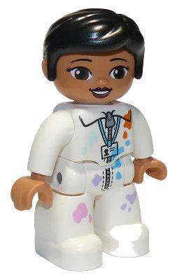 LEGO onderdeel Duplo Figure Lego Ville, Female, White Suit with Zipper, ID Badge, and Paint Splotches, Black Knot Bun Hair (47394pb292)