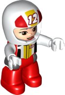LEGO onderdeel Duplo Figure Lego Ville, Female, Red Legs, White Race Top and Helmet with Number 12 Pattern (6345401) (47394pb316)