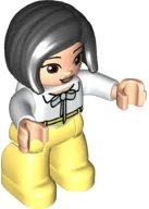 LEGO onderdeel Duplo Figure Lego Ville, Female, Bright Light Yellow Legs, White Top with Light Aqua Bow, Black Hair, Reddish Brown Eyes (6347490) (47394pb323)