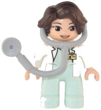 LEGO part Duplo Figure Lego Ville, Female Medic, Light Aqua Legs, White Top with ID Badge, White Arms, Dark Brown Hair, Attached Stethoscope (6374984) 47394pb329
