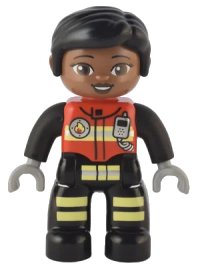 LEGO part Duplo Figure Lego Ville, Female Firefighter, Black Legs with Reflective Stripes, Red Vest with Silver Fire Badge and Radio, Black Hair, Reddish Brown Eyes (6374797) 47394pb330