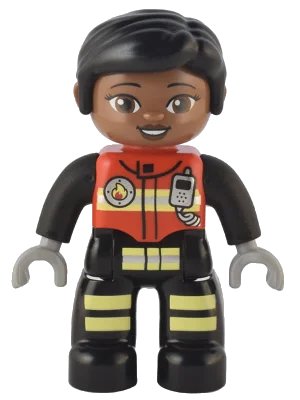 LEGO onderdeel Duplo Figure Lego Ville, Female Firefighter, Black Legs with Reflective Stripes, Red Vest with Silver Fire Badge and Radio, Black Hair, Reddish Brown Eyes (6374797) (47394pb330)
