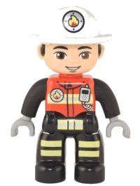 LEGO onderdeel Duplo Figure Lego Ville, Male Firefighter, Black Legs with Reflective Stripes, Red Vest with Silver Fire Badge and Radio, Light Nougat Face, White Helmet with Fire Badge (6374293) 47394pb331