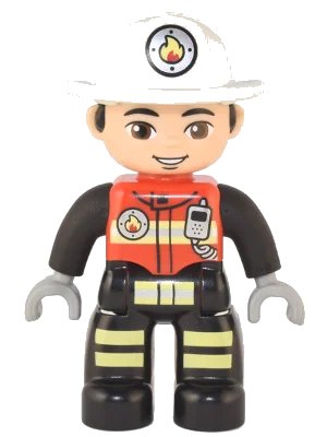 LEGO onderdeel Duplo Figure Lego Ville, Male Firefighter, Black Legs with Reflective Stripes, Red Vest with Silver Fire Badge and Radio, Light Nougat Face, White Helmet with Fire Badge (6374293) (47394pb331)