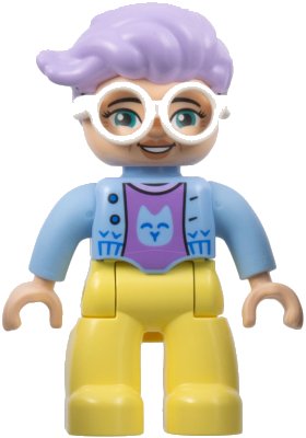 LEGO onderdeel Duplo Figure Lego Ville, Female, Bright Light Yellow Legs, Bright Light Blue Jacket, Medium Lavender Cat Shirt, White Glasses, Lavender Hair (6444490) (47394pb341)