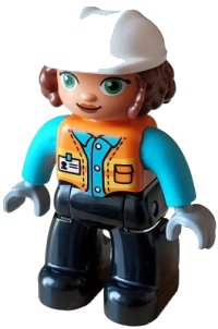 LEGO part Duplo Figure Lego Ville, Female, Black Legs, Orange Vest with Badge and Pocket, Medium Azure Arms, Light Bluish Gray Hands, White Construction Helmet (6427943) 47394pb346