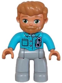 LEGO part Duplo Figure Lego Ville, Male, Light Bluish Gray Legs, Medium Azure Jacket with Bright Pink Buttons and Glasses, Medium Nougat Hair and Beard (6465885) 47394pb349