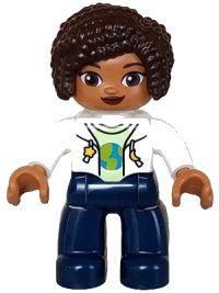 LEGO onderdeel Duplo Figure Lego Ville, Female, Dark Blue Legs, White Vest with Star and Moon Fasteners, Yellowish Green Shirt, Dark Brown Hair (6442943) 47394pb350
