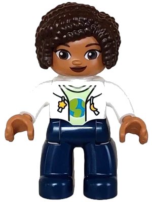 LEGO onderdeel Duplo Figure Lego Ville, Female, Dark Blue Legs, White Vest with Star and Moon Fasteners, Yellowish Green Shirt, Dark Brown Hair (6442943) (47394pb350)