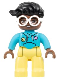 LEGO part Duplo Figure Lego Ville, Female, Bright Light Yellow Legs, Medium Azure Hoodie Shirt, White Glasses, Black Hair (6446173) 47394pb352