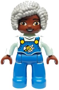 LEGO part Duplo Figure Lego Ville, Female, Blue Legs with Overalls, Bee and Daisy, Light Bluish Gray Hair (6469007) 47394pb357