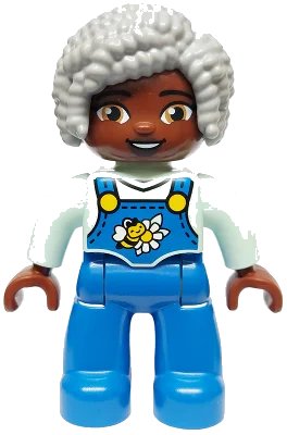 LEGO onderdeel Duplo Figure Lego Ville, Female, Blue Legs with Overalls, Bee and Daisy, Light Bluish Gray Hair (6469007) (47394pb357)