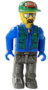 LEGO onderdeel Construction Worker with Blue Shirt, Green Vest and Cap with the Word 'Brick', Sunglasses and Moustache 4j003a