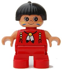 LEGO part Duplo Figure, Child Type 2 Girl, Red Legs, Red Top with Feather Necklace, Black Hair with Feather (American Indian) 6453pb031