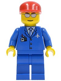 LEGO part Airport - Blue 3 Button Jacket & Tie, Red Cap, Silver Sunglasses with Thin Smile air036