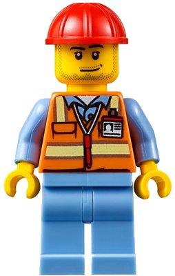 LEGO onderdeel Orange Safety Vest with Reflective Stripes, Medium Blue Legs, Red Construction Helmet, Smirk and Stubble Beard (air050)