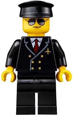 LEGO onderdeel Airport - Pilot, Black Legs, Red Tie and 6 Buttons, Black Hat, Black and Silver Sunglasses (air055)