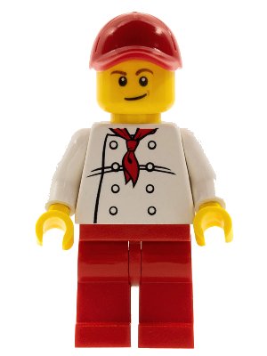 LEGO onderdeel Chef - White Torso with 8 Buttons, Red Legs and Red Cap with Hole (City Square Hot Dog Vendor) (chef023)