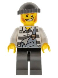 LEGO part Police - Jail Prisoner Torn Overalls over Prison Stripes, Dark Bluish Gray Legs and Knit Cap col283