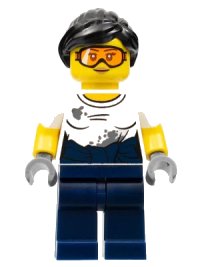 LEGO part City Jungle Mechanic Female - Black Ponytail, Orange Goggles, White T-Shirt with Oil Stains, Dark Blue Legs col310