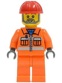 LEGO part Construction Worker - Orange Zipper, Safety Stripes, Orange Arms, Orange Legs, Red Construction Helmet, Gray Angular Beard con008