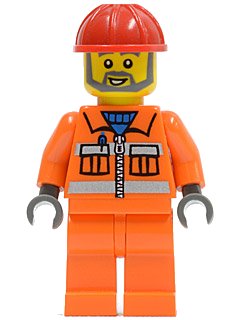 LEGO onderdeel Construction Worker - Orange Zipper, Safety Stripes, Orange Arms, Orange Legs, Red Construction Helmet, Gray Angular Beard (con008)