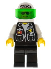 LEGO part Police - Sheriff Star and 2 Pockets, Black Legs, White Arms, White Helmet with Police Pattern, Trans-Green Visor cop036
