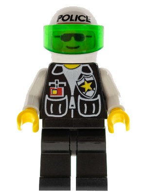 LEGO onderdeel Police - Sheriff Star and 2 Pockets, Black Legs, White Arms, White Helmet with Police Pattern, Trans-Green Visor (cop036)