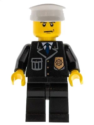 LEGO onderdeel Police - City Suit with Blue Tie and Badge, Black Legs, Scowl, White Hat (cty0008)