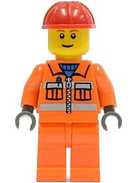LEGO part Construction Worker - Orange Zipper, Safety Stripes, Orange Arms, Orange Legs, Red Construction Helmet, Brown Eyebrows, Thin Grin cty0031