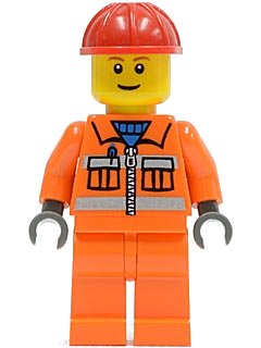 LEGO onderdeel Construction Worker - Orange Zipper, Safety Stripes, Orange Arms, Orange Legs, Red Construction Helmet, Brown Eyebrows, Thin Grin (cty0031)