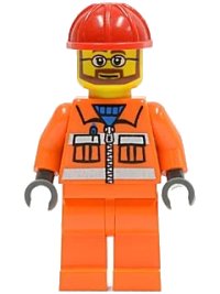 LEGO part Construction Worker - Orange Zipper, Safety Stripes, Orange Arms, Orange Legs, Red Construction Helmet, Beard and Glasses cty0032